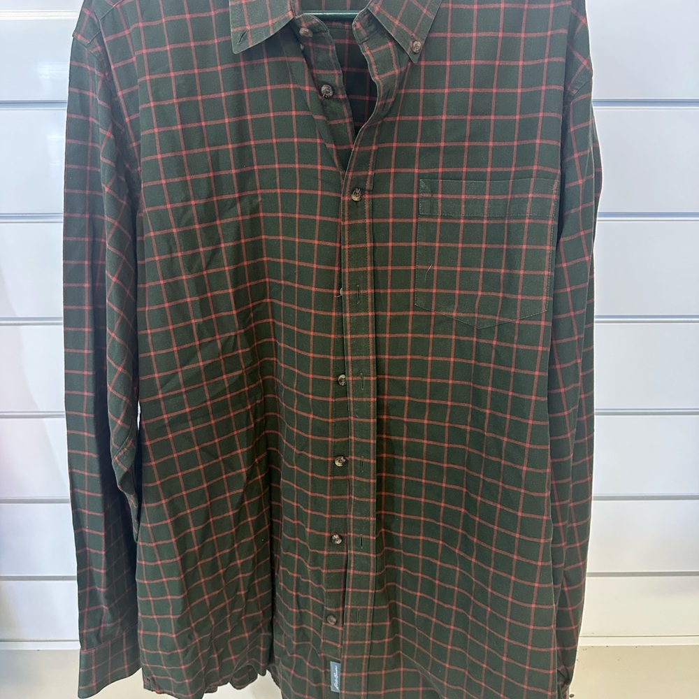 Eddie Bauer Men's Forest Green and Brick Plaid Shirt